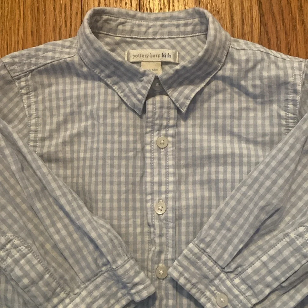 Pottery Barn Kids Boys Long Sleeve Button Down Shirt Light Blue Checks 12-18 M